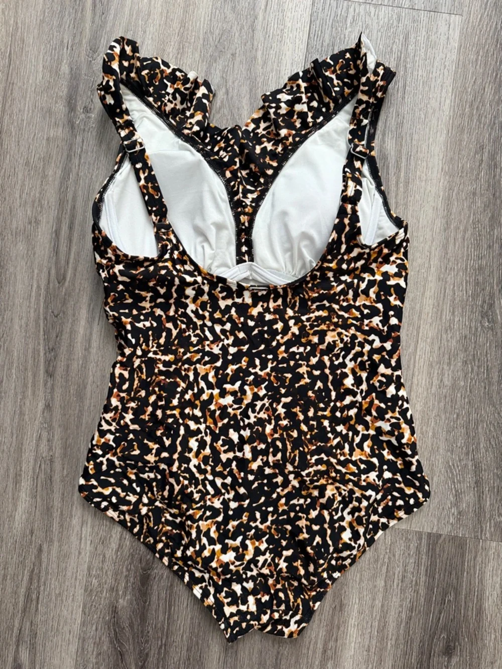 DKNY Black, Tan & White Leopard Print One-Piece Swimsuit 12 Classic - Picture 2 of 4
